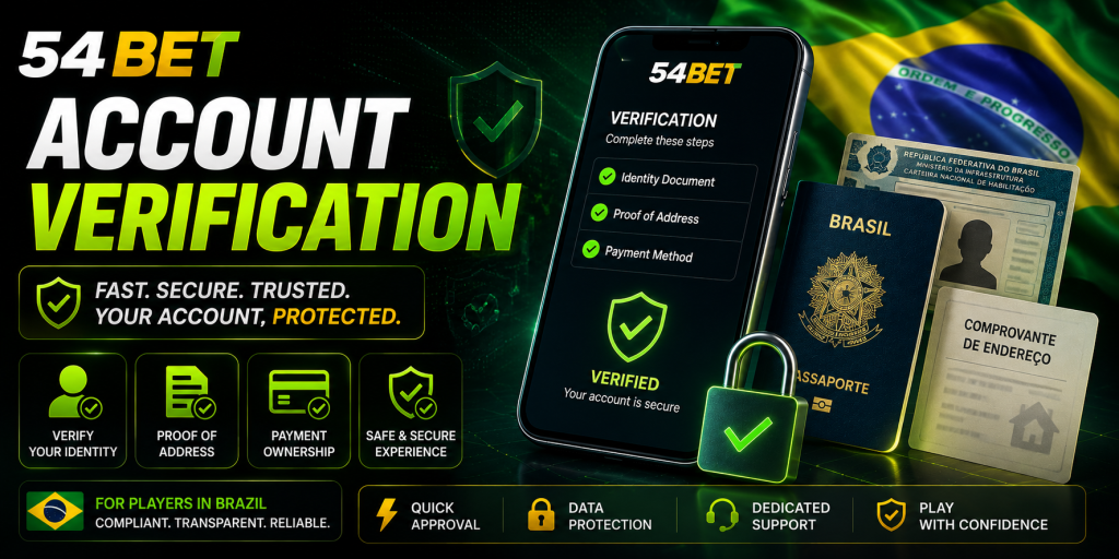 Banner retangular da página Account Verification no 54bet com documentos, comprovante de endereço, celular, cadeado, ícones de segurança e verificação de conta para jogadores no Brasil.