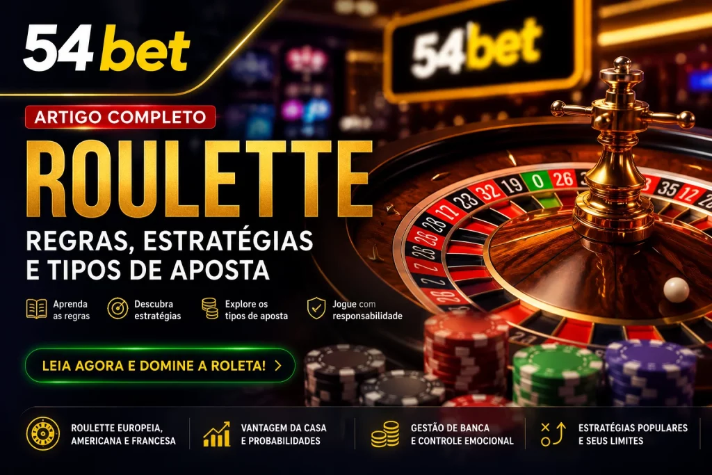 Banner retangular da página Roulette no 54bet com roleta, fichas de cassino, destaque para regras, estratégias e tipos de aposta.
