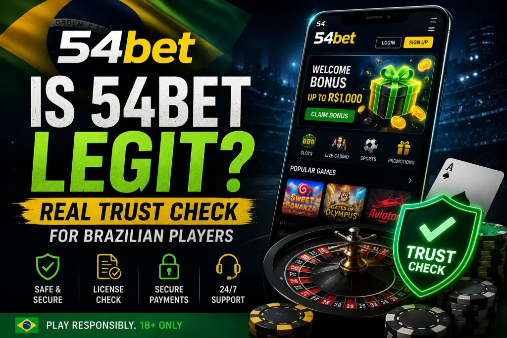 54bet trust check banner for Brazilian players with casino app, security shield, roulette, cards and responsible gambling icons.