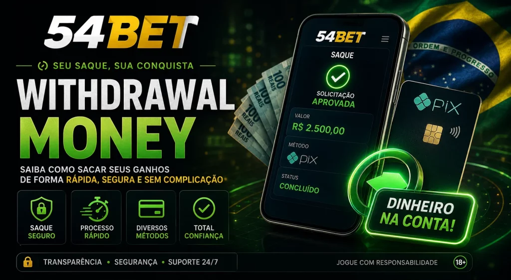 Banner retangular da página Withdrawal Money no 54bet com saque via Pix, celular, dinheiro em reais, status aprovado e foco em retirada rápida e segura no Brasil.